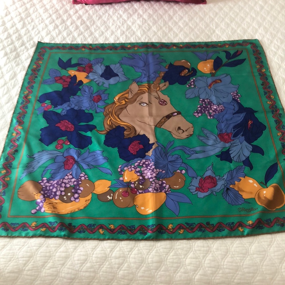 Revillon Paris Vtg Designer Unicorn Silk Scarf